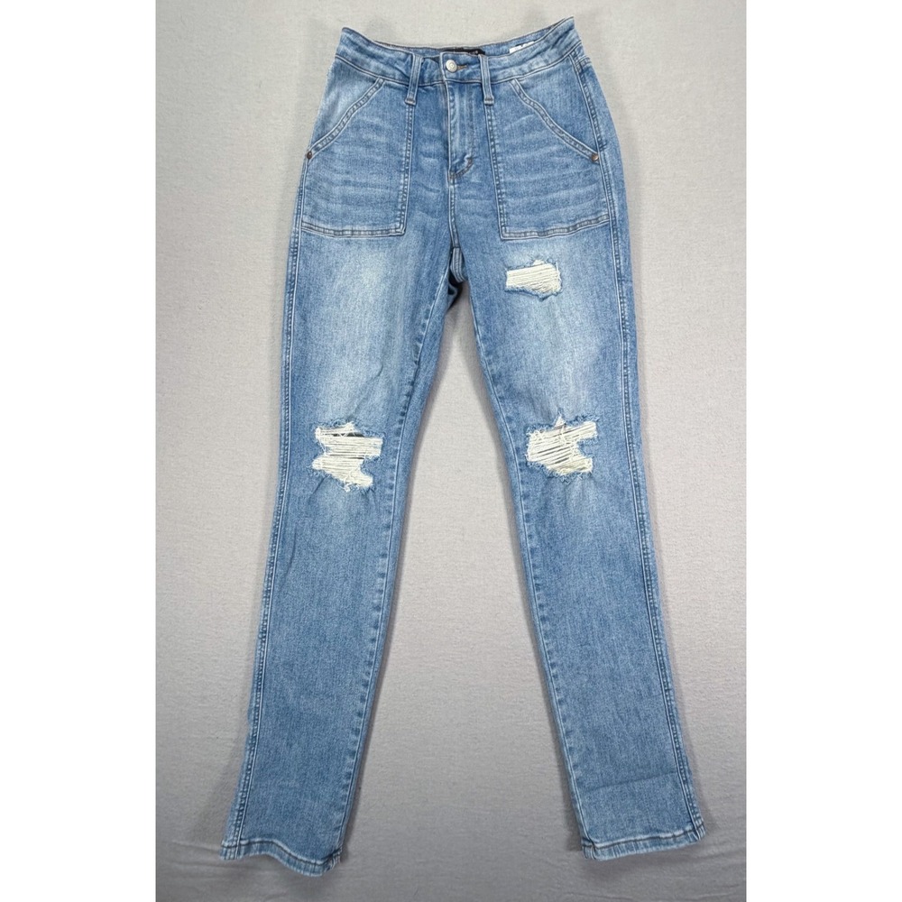 Judy Blue Boyfriend Jeans Womens 5/27 Blue Excellent Distressed Patch Pockets